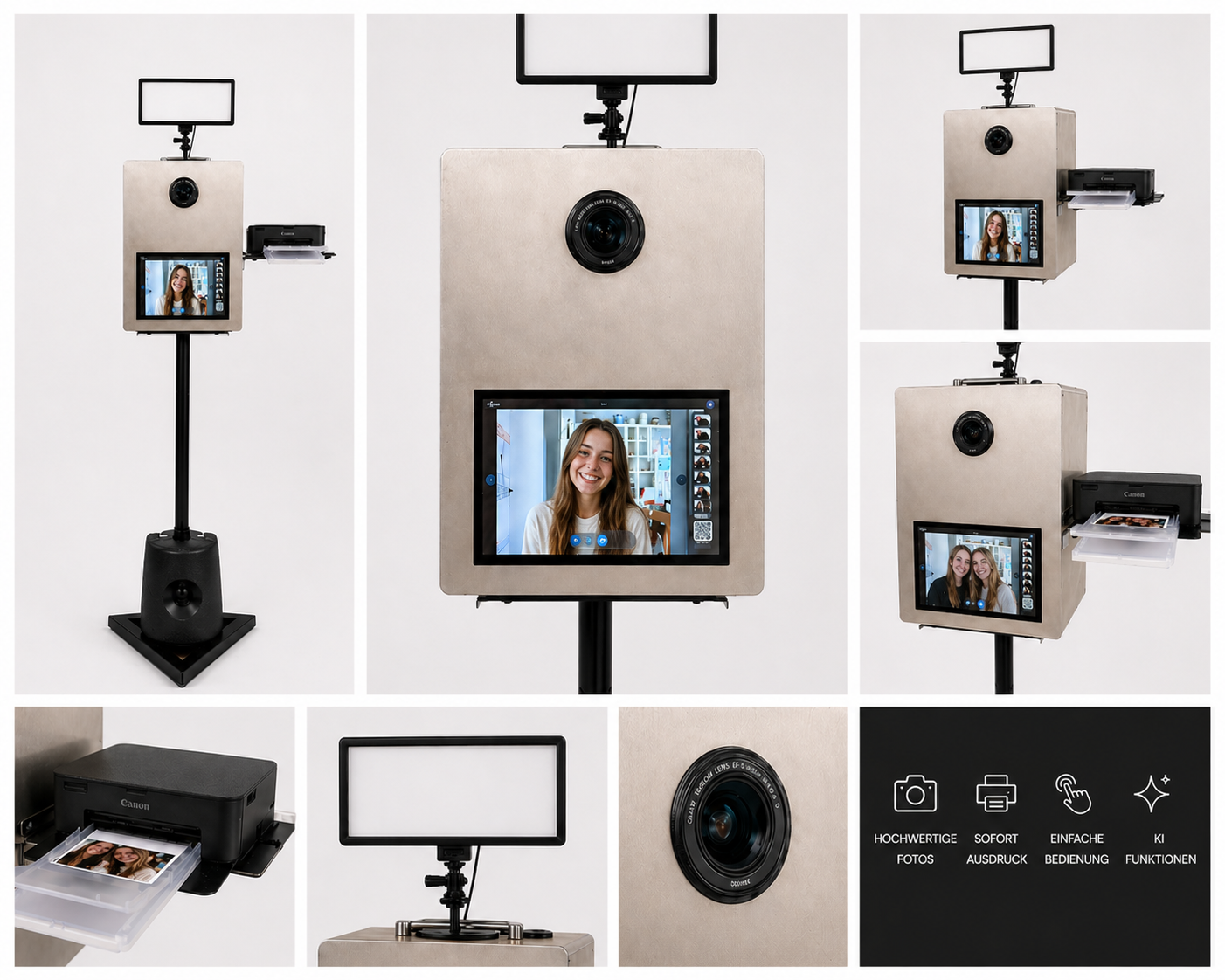 Fotobox Aachen Collage – verschiedene Ansichten mit Kamera, Drucker, Touchscreen und LED-Licht